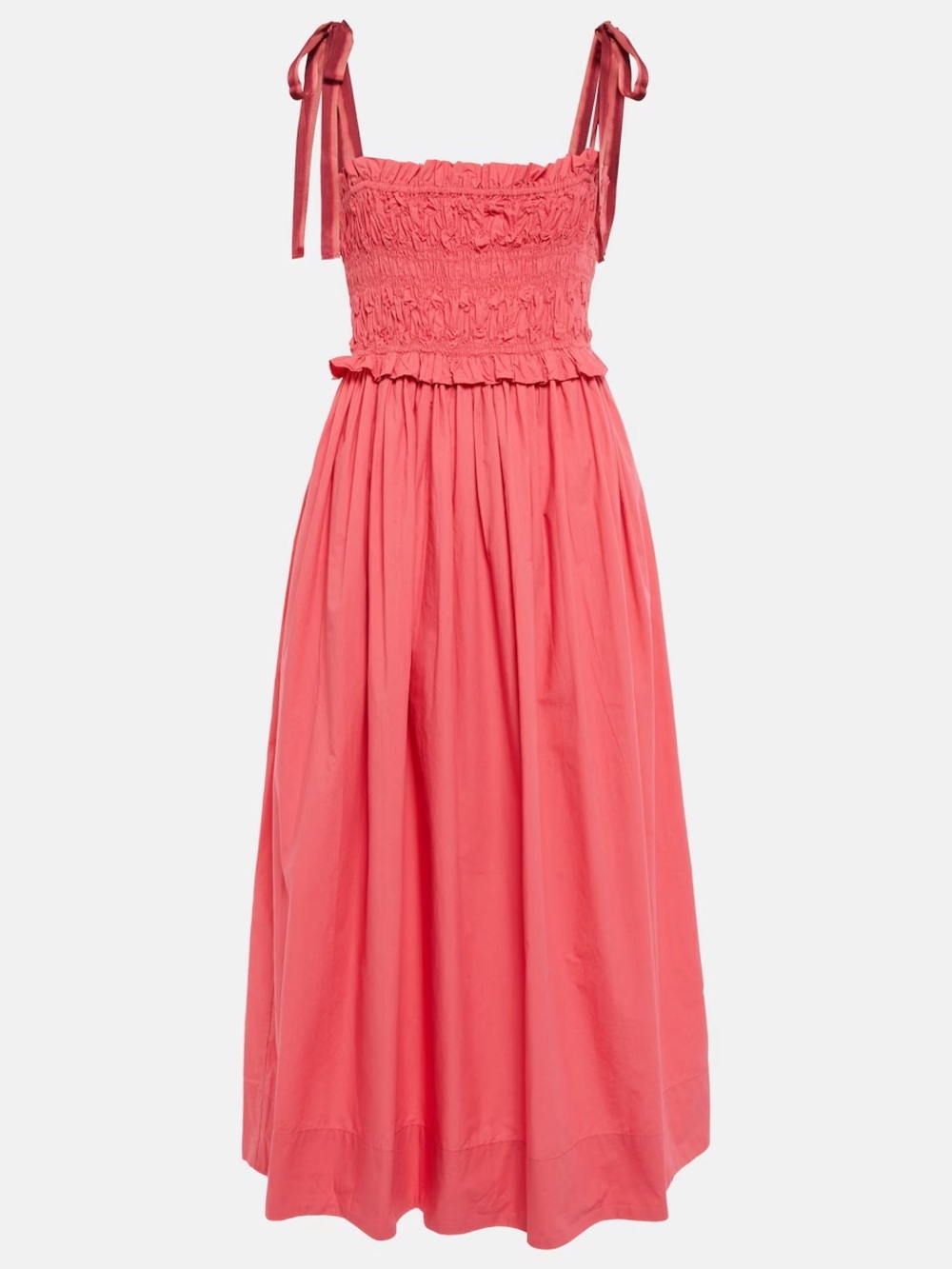 Ulla Johnson Red Coral Smocked Cotton Midi Dress Tie Strap Ruched Pockets Size 8